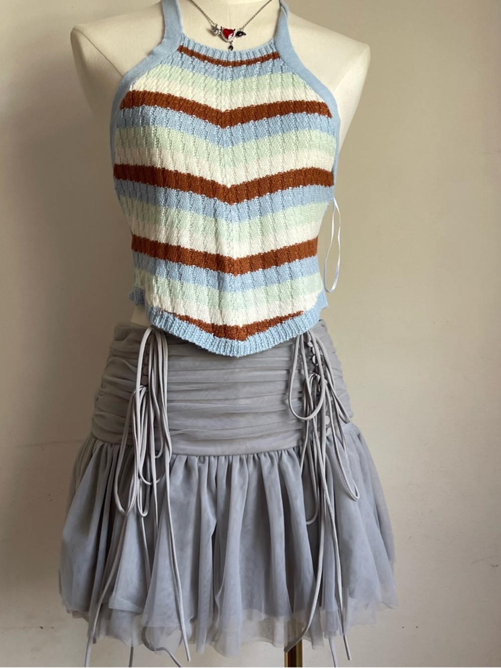 Striped Knit Halter Tank Top - Light Blue, White & Brown